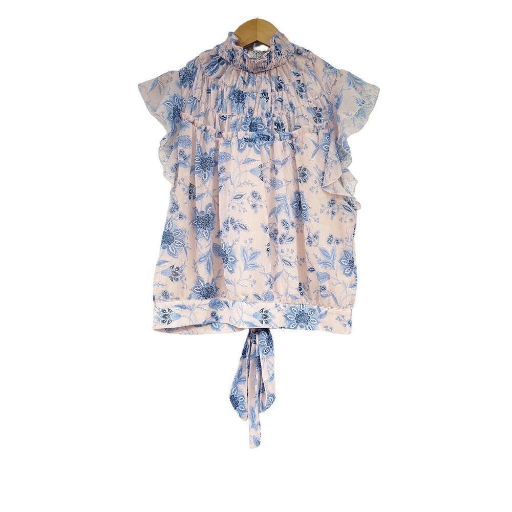 Vici Collection Modest Pink Blue Floral Dressy Blouse Top Boutique Womens Large
